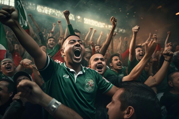 Aficionados de fútbol de Bangladesh animando a su equipo durante un juego en el estadio ai generado