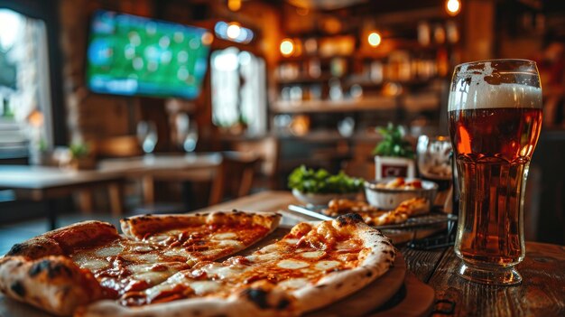 Foto aficionados a la pizza tomando refrigerios mientras ven fútbol en la televisión en un restaurante generative ai