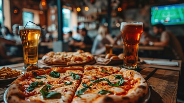 Aficionados a la pizza tomando refrigerios mientras ven fútbol en la televisión en un restaurante Generative Ai