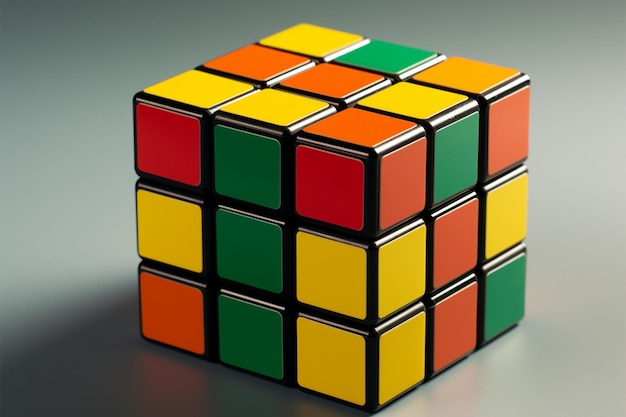 Foto los aficionados a los rompecabezas deleitan el cubo de rubik en amarillo, naranja y verde.