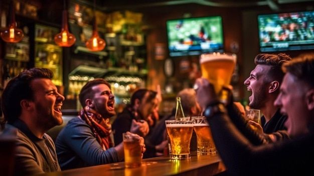 Foto los aficionados utilizan la ia generativa para ver un partido mientras consumen cerveza en un bar deportivo