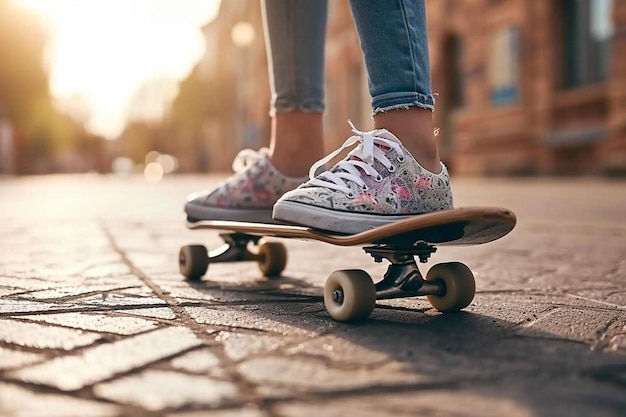 Foto aficiones y estilo de vida mujer joven montando patineta patinadora disfrutando de un crucero en longboard en