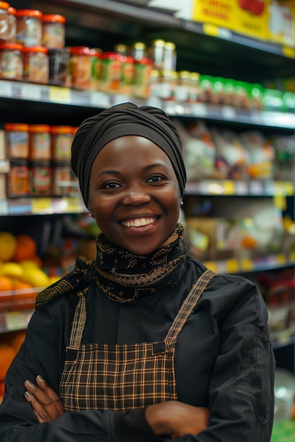 Afortunada empleada de una tienda africana que ayuda a los clientes en el supermercado