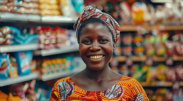 Foto afortunada empleada de una tienda africana que ayuda a los clientes en el supermercado