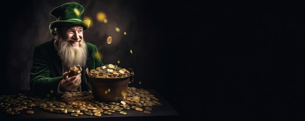El afortunado irlandés con una gran sonrisa con un sombrero verde y una olla de monedas de oro