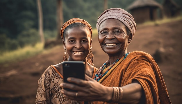 Foto África mujer alegre tomando selfies de cazadores de tribus africanas usando tecnología moderna de teléfono inteligente