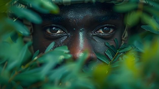 Foto african american soldier in uniform camouflaged in green field konzept militärische tarnung soldat porträt african american heritage outdoor photoshoot grünes feld hintergrund