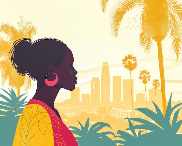 African American woman silhouette illustration über einer Stadt-Skyline