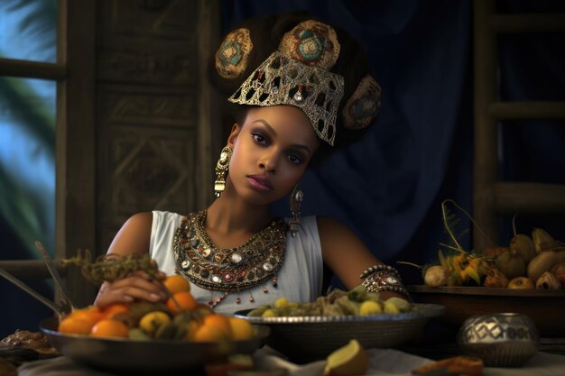 African Queen Reichhaltige Lebensmittelfrüchte und dekorative Gefäße
