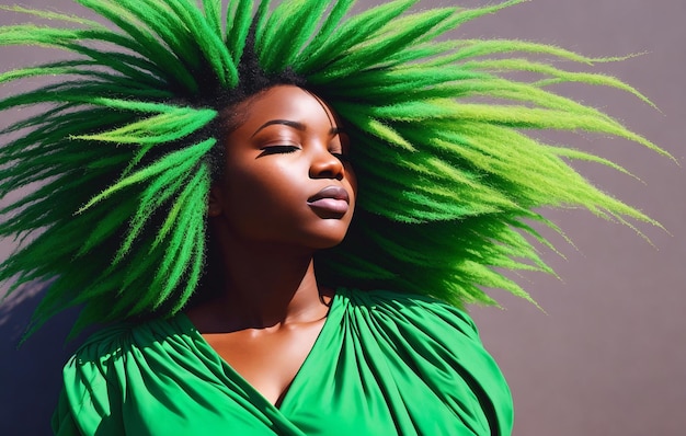 Africano-americano com cabelos rizados verdes Retrato de modelo de mulher negra posando com os olhos fechados em tempo ensolarado IA generativa