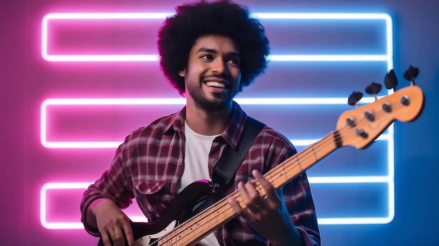 Africano-americano guapo músico de jazz tocando el bajo en el estudio sobre un fondo de neón