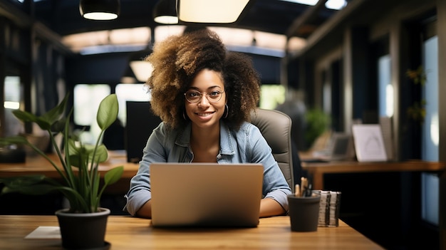 Africano-americano mulher funcionária de escritório sorrindo ai gerado retrato imagem espaço de cópia