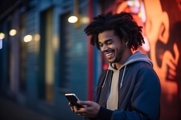 Africano-americano sorridente e branco enviando mensagens em seu smartphone móvel na rua à noite