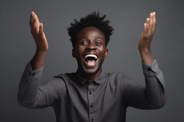 Africano feliz sobre fondo gris