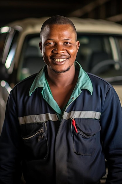 Africano sonriente mecánico de coches reparando o inspeccionando el coche