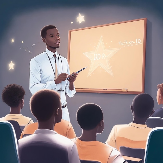 Afrikaner Lehrer in weißer Tafel mit Schülern in einem von KI generierten Klassenzimmer