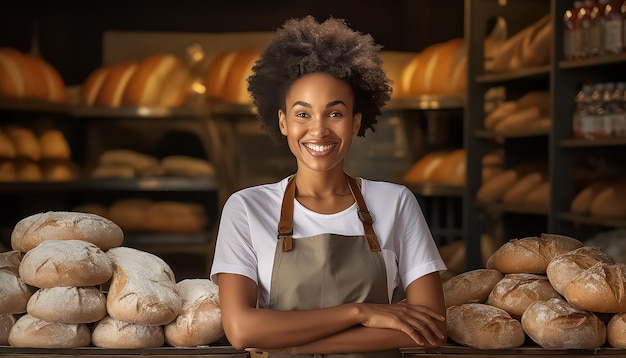 Afrikanerin mit Bäckerschürze vor dem Hintergrund eines Brotständers in einer Bäckerei