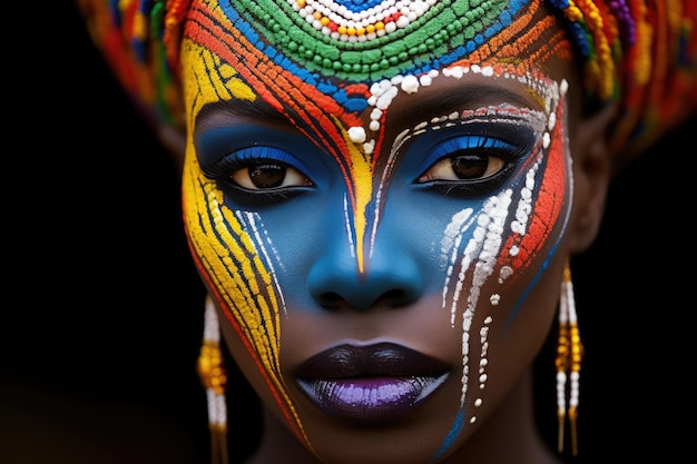 Afrikanerin mit buntem Make-up vor orangefarbenem Hintergrund