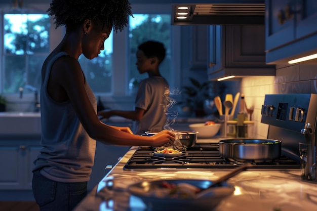 Foto afrikanisch-amerikanische mutter und teenager-sohn kochen am herd in der küche