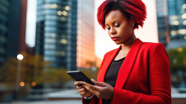 afrikanisch-amerikanischer Geschäftsmann in einem formellen Anzug und in Brille mit einem Smartphone