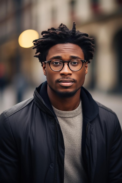 Afrikanisch-amerikanischer Geschäftsmann in Lifestyle-Kleidung mit Brille auf der Straße Generative KI