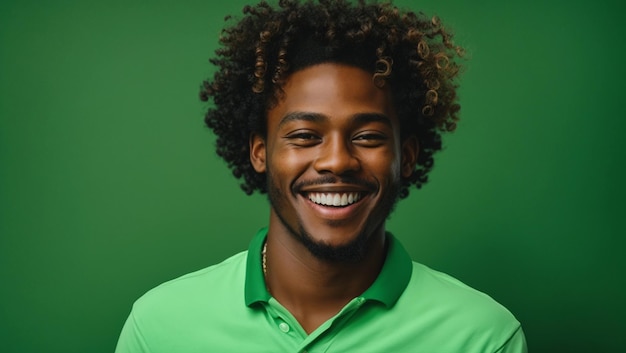 afrikanisch-amerikanischer junger Mann mit lockiger Frisur lächelt und lacht und trägt leuchtend grüne Kleidung