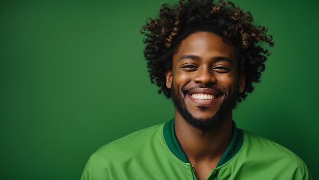 afrikanisch-amerikanischer junger Mann mit lockiger Frisur lächelt und lacht und trägt leuchtend grüne Kleidung