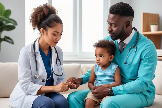 Afrikanisch-amerikanischer männlicher Kinderarzt mit Stethoskop, der Lungen- und Herzgeräuschen eines kleinen Jungen hört, der auf dem Schoß seiner Mutter sitzt. Arztuntersuchung zu Hause oder im Krankenhaus Kinder medizinische Versicherung