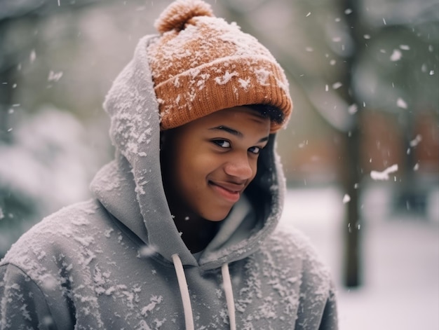 afrikanisch-amerikanisches Kind genießt den winterlichen schneebedeckten Tag in einer spielerischen, emotionalen, dynamischen Pose