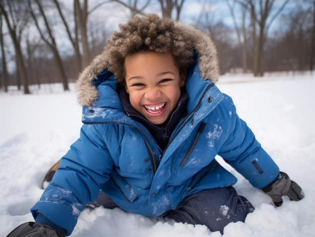 afrikanisch-amerikanisches Kind genießt den winterlichen schneebedeckten Tag in einer spielerischen, emotionalen, dynamischen Pose