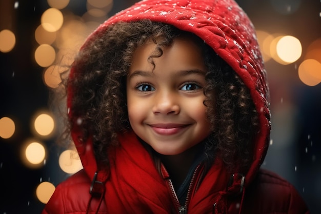 Afrikanisch-amerikanisches lächelndes, lockiges Mädchen mit festlichem Hintergrund Bokeh-Girlande im Freien frohes Neujahr und Weihnachten