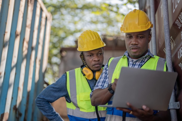 Afrikanische Arbeiter Ingenieur Techniker mit Laptop zur Überprüfung und Inspektion von Containern vor Ort