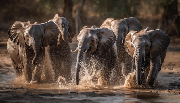 Afrikanische Elefantenherde läuft durch von KI erzeugten tropischen Regenwald