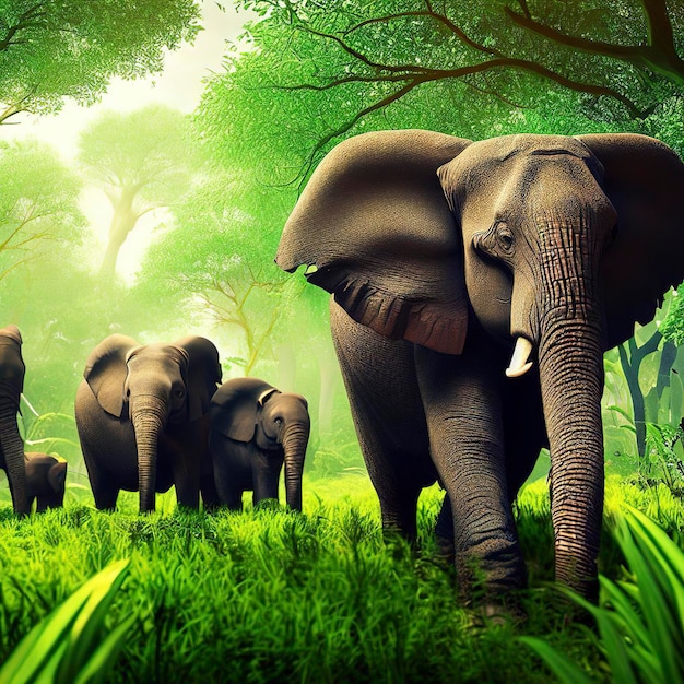 Afrikanische Elefantenherde wandert im üppig grünen tropischen Regenwald