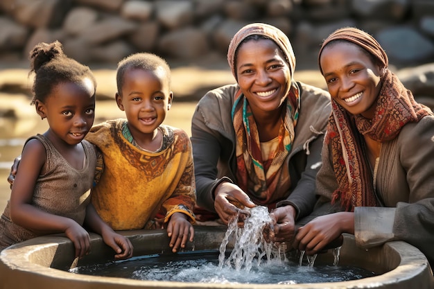 Afrikanische Familie genießt sauberes Wasser und streckt die Hände zum Tank mit einem Brunnen mit sauberem Wasser