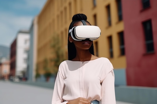 Afrikanische Frau auf der Straße mit Virtual-Reality-Brille auf der Straße VR-Headset Generative KI