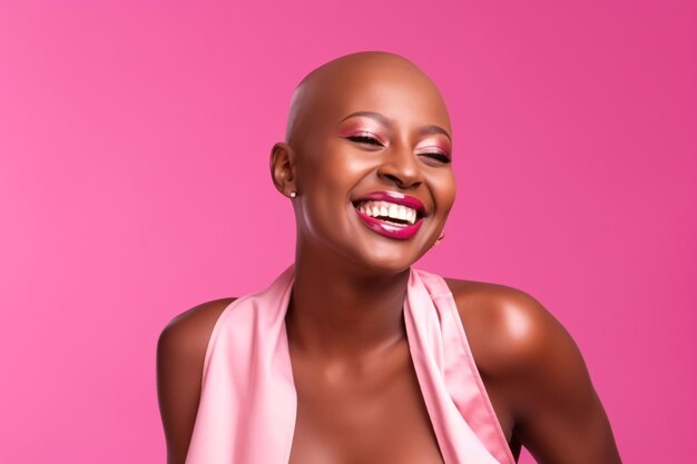 Afrikanische Frau im Profil mit Krebs mit positiver und fröhlicher Einstellung, die von der KI erzeugt wurde