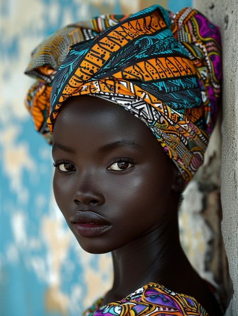 Afrikanische Frau in einem Turban, traditionelle Kleidung und Innenraum Ein Mädchen mit Schmuck in farbiger Kleidung, schwarze schöne Haut und beibehalten ihrer afrikanischen Ethnie