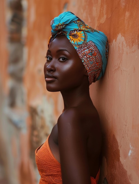 Afrikanische Frau in einem Turban, traditionelle Kleidung und Innenraum Ein Mädchen mit Schmuck in farbiger Kleidung, schwarze schöne Haut und beibehalten ihrer afrikanischen Ethnie