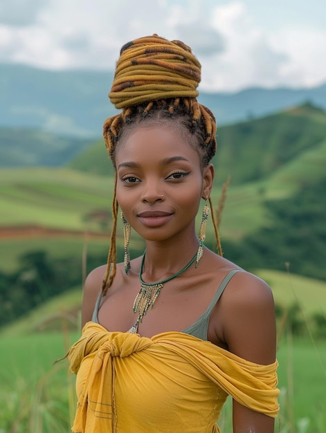 Afrikanische Frau in einem Turban, traditionelle Kleidung und Innenraum Ein Mädchen mit Schmuck in farbiger Kleidung, schwarze schöne Haut und beibehalten ihrer afrikanischen Ethnie