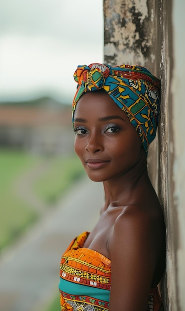 Afrikanische Frau in einem Turban, traditionelle Kleidung und Innenraum Ein Mädchen mit Schmuck in farbiger Kleidung, schwarze schöne Haut und beibehalten ihrer afrikanischen Ethnie