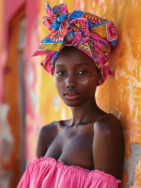 Afrikanische Frau in einem Turban, traditionelle Kleidung und Innenraum Ein Mädchen mit Schmuck in farbiger Kleidung, schwarze schöne Haut und beibehalten ihrer afrikanischen Ethnie