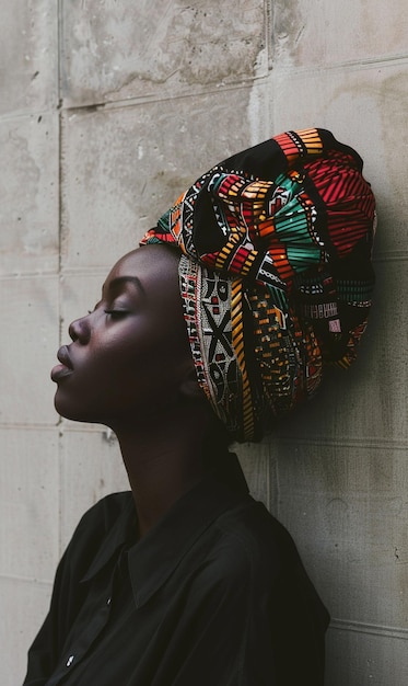 Foto afrikanische frau in einem turban, traditionelle kleidung und innenraum ein mädchen mit schmuck in farbiger kleidung, schwarze schöne haut und beibehalten ihrer afrikanischen ethnie