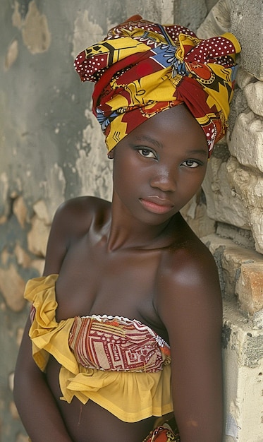 Afrikanische Frau in einem Turban, traditionelle Kleidung und Innenraum Ein Mädchen mit Schmuck in farbiger Kleidung, schwarze schöne Haut und beibehalten ihrer afrikanischen Ethnie