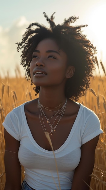 Afrikanische Frau in weißem T-Shirt und Jeans auf dem Sommerfeld im Hintergrund