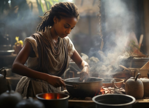 Afrikanische Frau kocht mit Turban und Wok