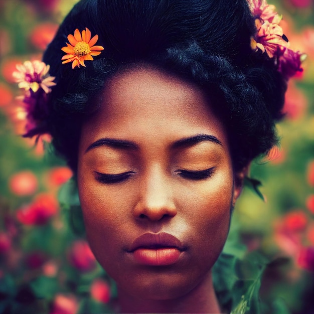 Afrikanische Frau mit geschlossenen Augen und Blumen im Hintergrund 3D-Rendering