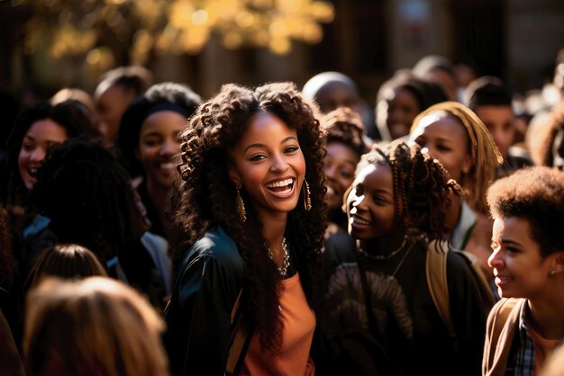 Afrikanische Highschoolschülerin lächelt mit ihren Freunden