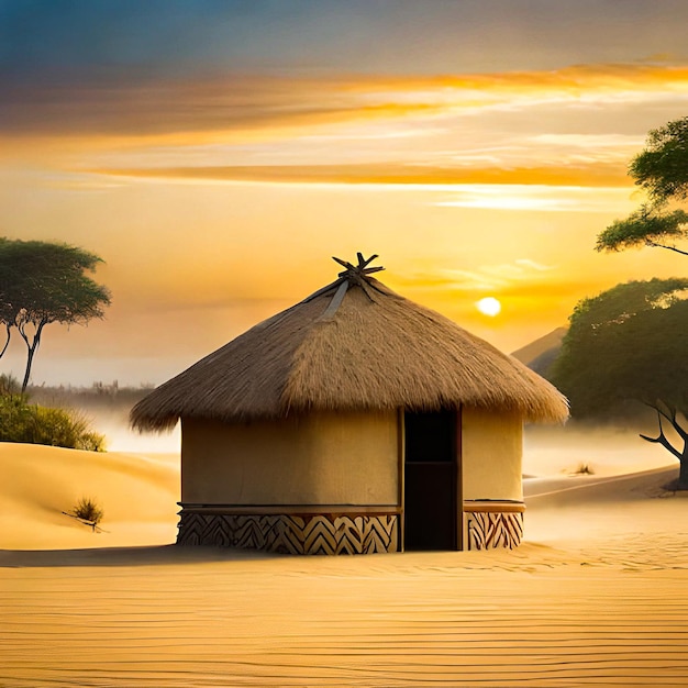 Afrikanische Hütte in ländlicher Umgebung, umgeben von Sand