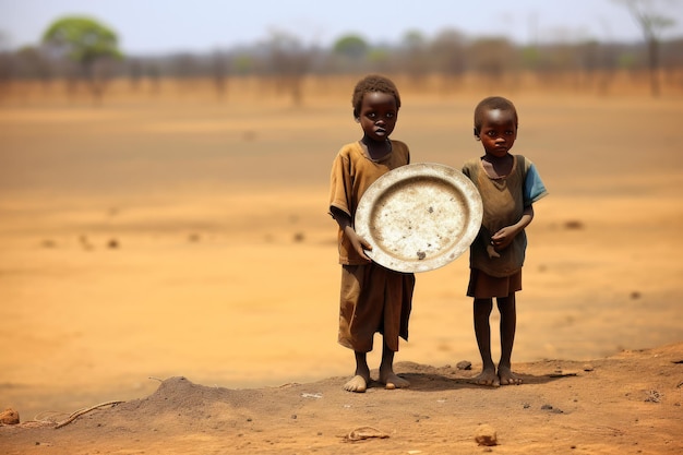 Afrikanische hungrige Kinder ohne Essen, leerer Teller wegen der Welthungerkrise, Militärkrieg oder